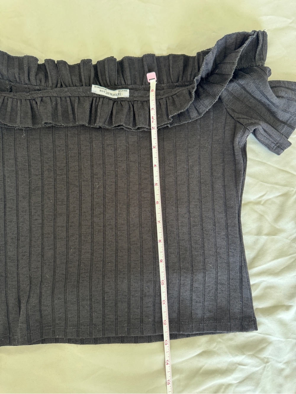 Zara Black Ribbed Off-Shoulder Top with Ruffle Edge - Picture 7 of 7